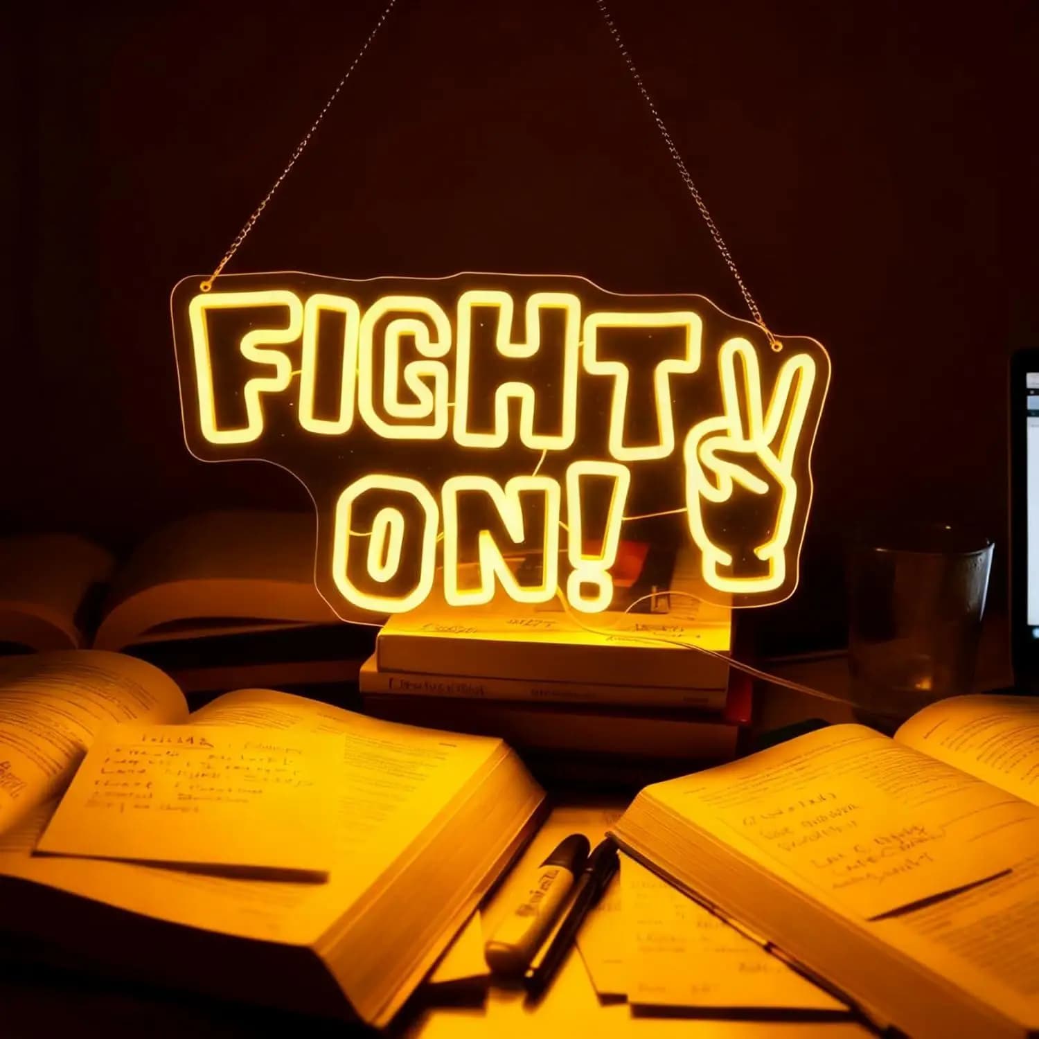 Insegna al Neon 'Fight On' con Mano della Vittoria, Luce LED Motivazionale da Parete per Sala Giochi, Palestra, Ufficio, Alimentata USB, Regalo Ispirazionale