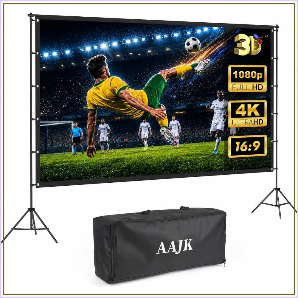 100in Outdoor Projector Screen with Stand, Portable 16:9 4K HD Indoor Outdoor Screen, Wrinkle-Free, for Home Theater & Backyard Cinema, Includes Carry Bag
