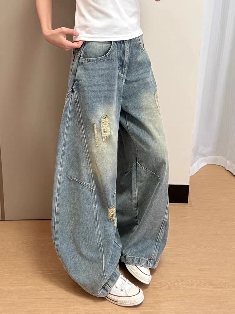 Jeans Blu High Street Cleanfit a Gamba Dritta e Larga, Unisex, Stile Americano, Denim Distressed, Tendenza Giovanile