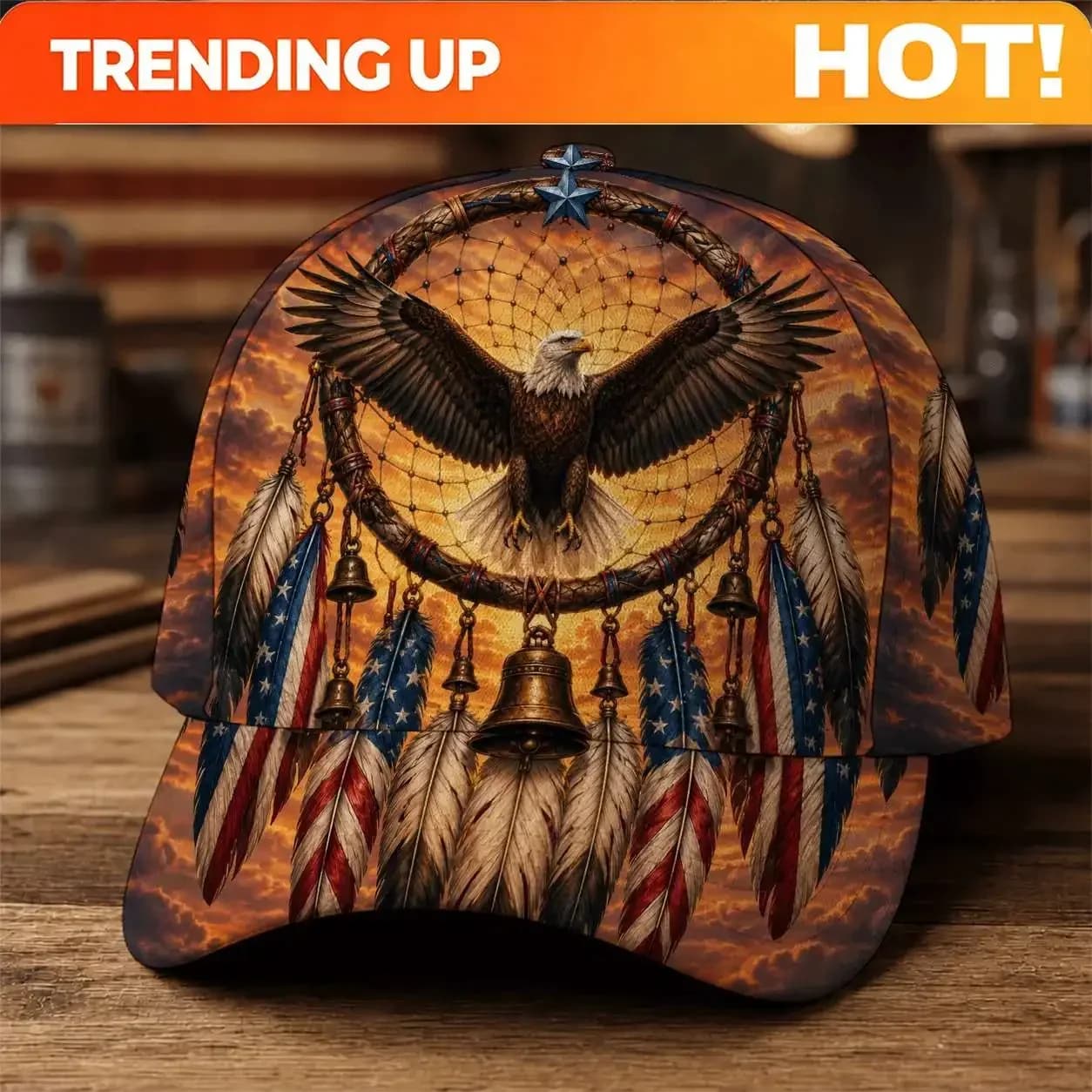 Customization Hats Sunset Dreamcatcher Eagle With American Flag Feathers 3D Digital Print Baseball Cap, Patriotic Bell& Star Des