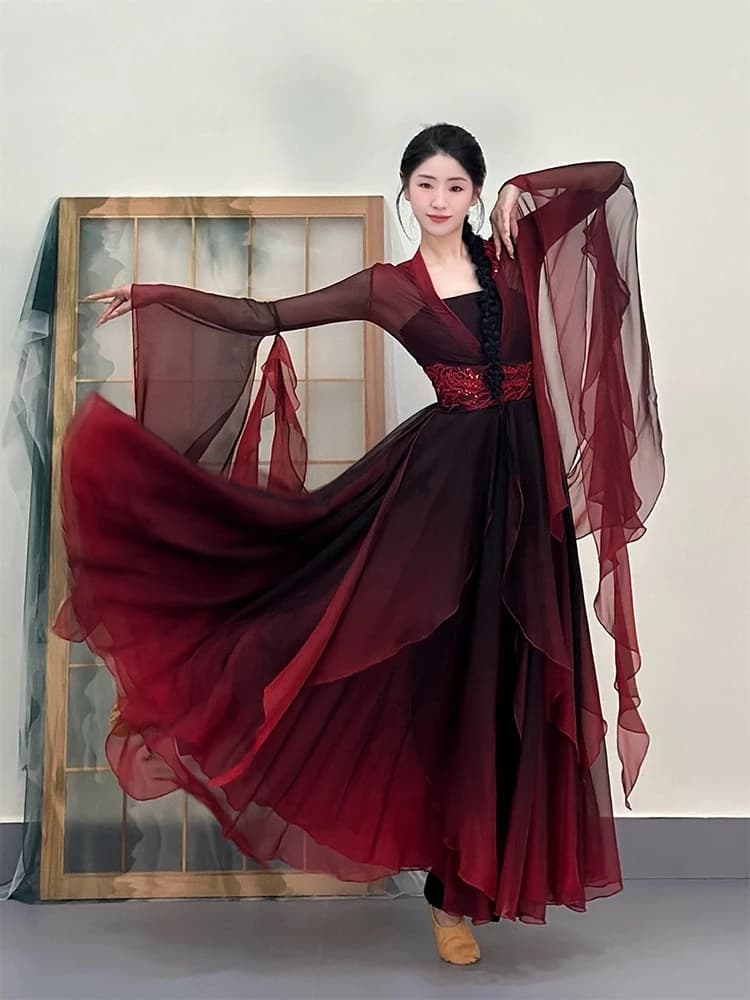 Costumi da ballo classici da donna, gonna rossa antica a pendolo, elegante gonna da fata, costumi per performance in stile Hanfu.