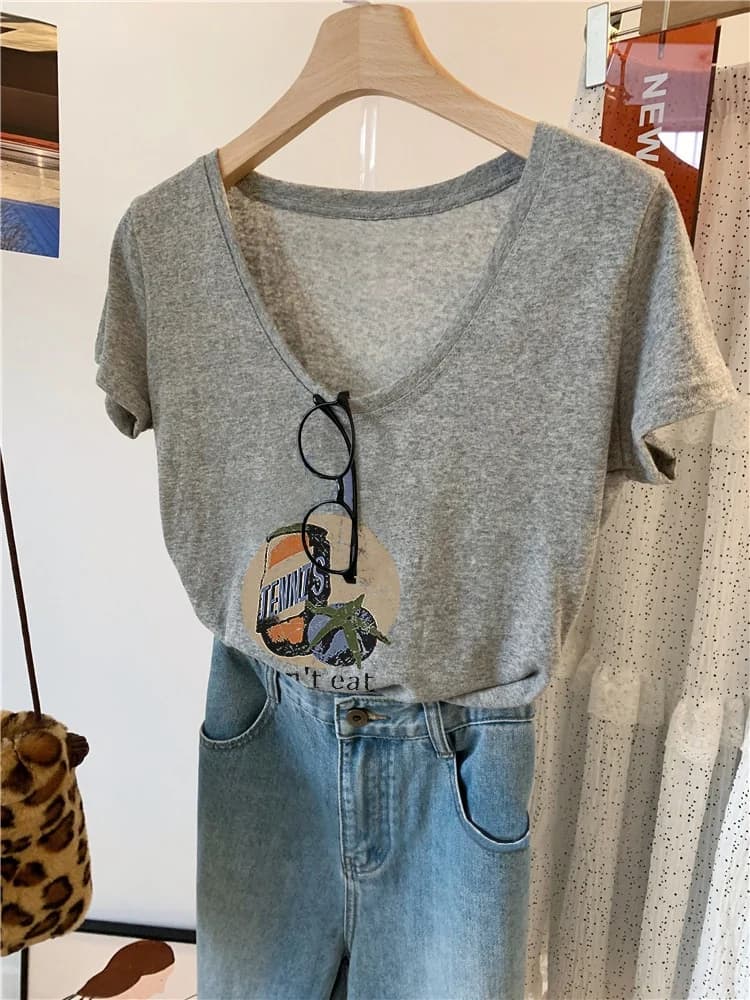 plus Size 300 Pounds European Style Goose Egg V-neck Short Sleeve T-shirt Women's Summer New Slimming Lightweight Shirt