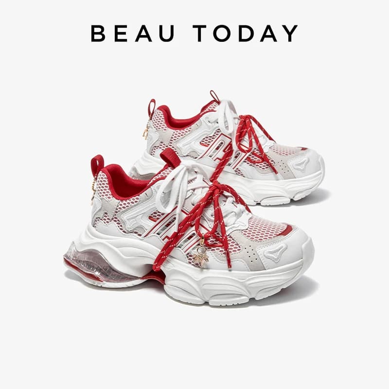 BEAUTODAY Chunky Sneakers Women Flannel Patchwork Mesh Mixed Color Round Toe Lace-Up Sports Ladies Shoes Handmade 29A86