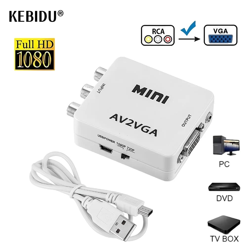 Mini convertitore video Convertitore video RCA AV a VGA 1080P Convertitore con audio da 3,5 mm AV2VGA / CVBS Audio a PC HD Computer a TV