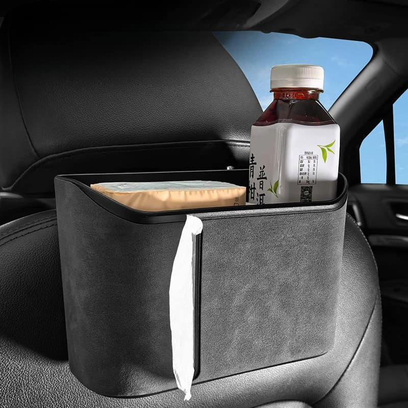 Scatola portaoggetti sospesa per schienale seggiolino auto in pelle scamosciata universale per auto con organizer per sedile posteriore, ombrello, bottiglia, tazza, porta fazzoletti, tasca interna