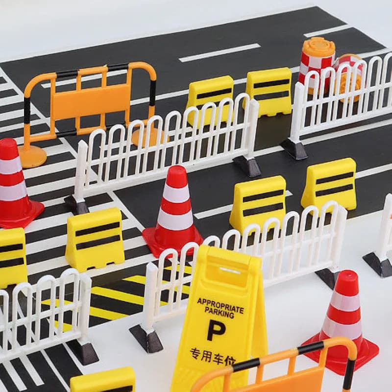 Mini Traffic Road Signs & Roadblock Playset, Simulation Safety Barrier Toys, Educational Scene Layout Accessories for Role Play