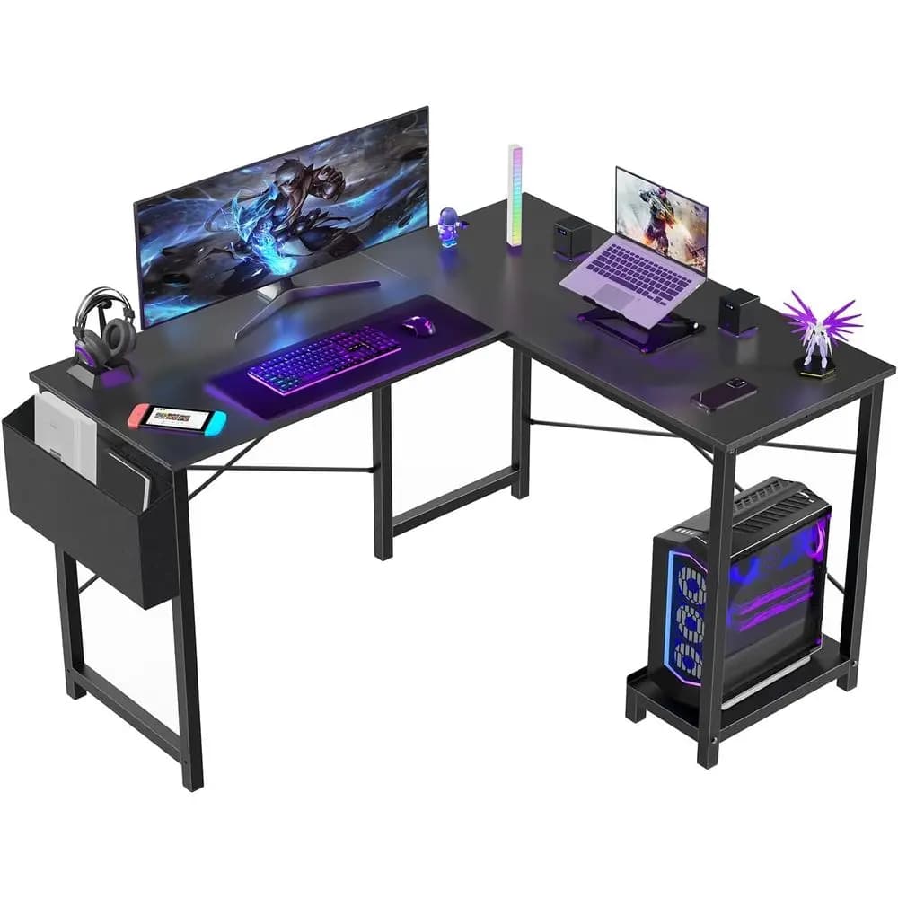 Scrivania a L - Scrivania per Computer, Scrivania da Gaming, Tavolo PC con Porta PC e Borsa Laterale o Postazione di Lavoro Robusta per Casa/Ufficio/Dormitorio, Nera