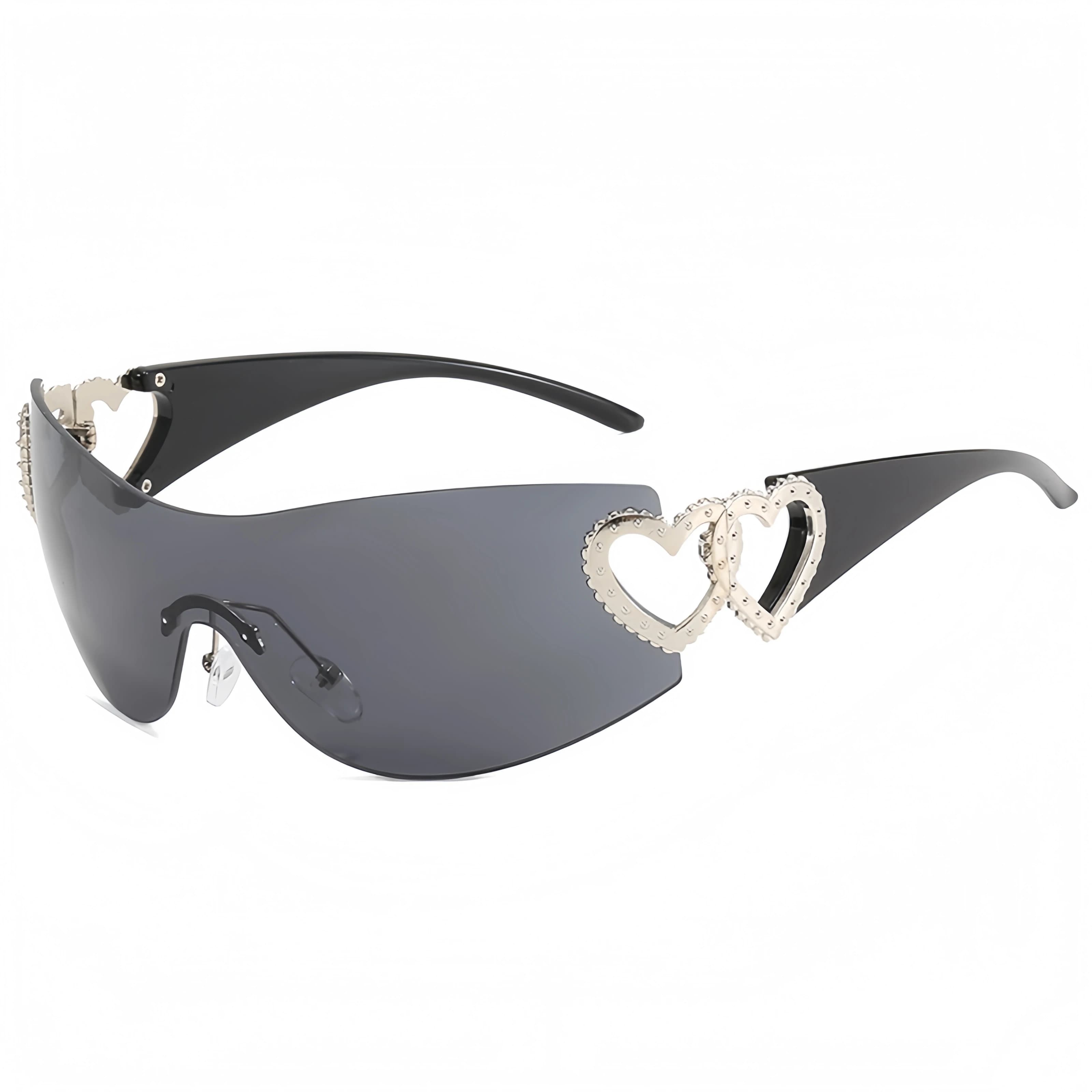 Occhiali da sole integrati personalizzati con montatura grande con decorazione tempio a forma di cuore, occhiali alla moda Y2K unisex