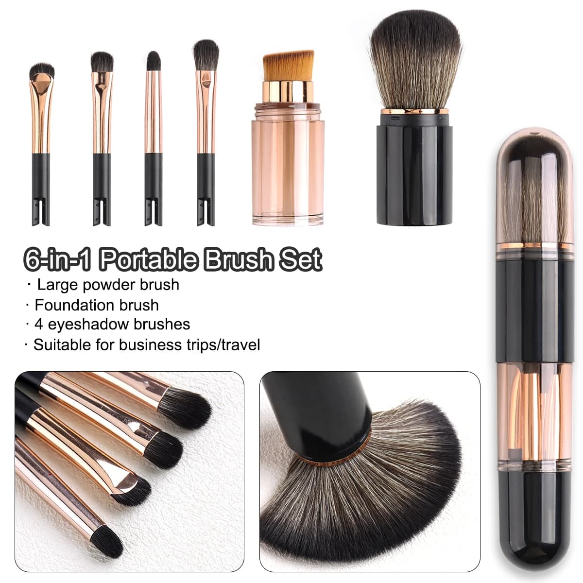 Set of portable makeup brushes, multifunctional brush 6 in 1 for blush, umbrella brush, foundation brush, mini travel brush set.