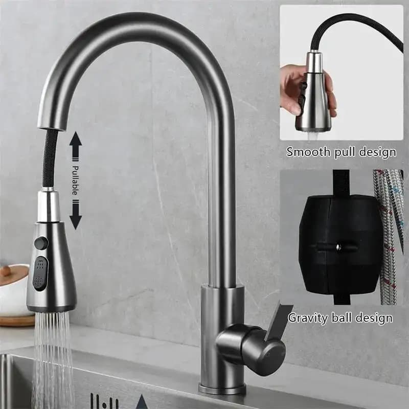 Rubinetti Acciaio inossidabile 304 Estraibile Lavello della cucina Rubinetto dell'acqua Miscelatore da piano Miscelatore Spruzzatore a flusso Testa Rubinetti caldi freddi