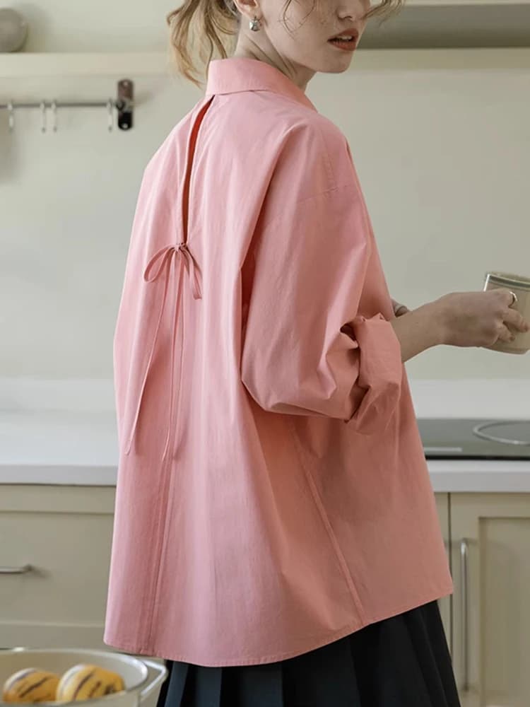 Camicie rosa eleganti con fasciatura posteriore Camicie da ufficio da donna con colletto rovesciato Manica lunga Top beige Camicetta Camicie primavera autunno moda coreana