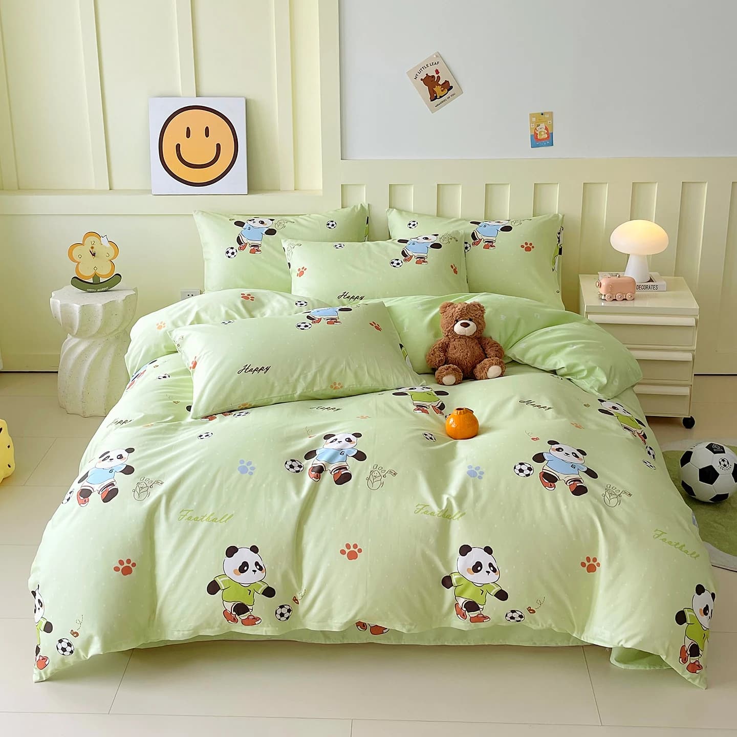 Copripiumino in cotone 100% con stampa cartoni animati per bambini, panda e calcio, misure singolo/matrimoniale/king size, 220 x 240 cm.