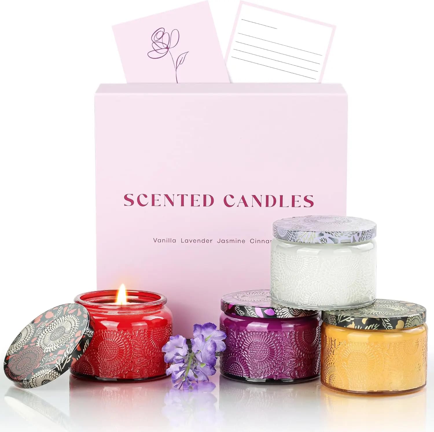 Set Regalo di 4 Candele Profumate: Vaniglia, Lavanda, Cannella, Gelsomino per Casa e Regali