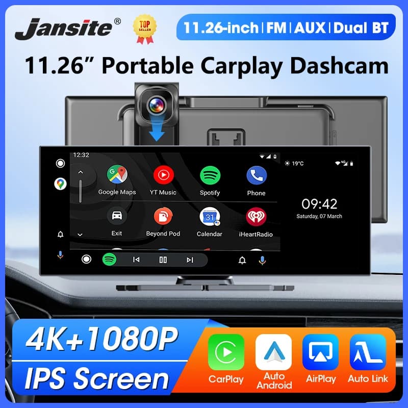 Dashcam Portable 11.26\" 4K with Carplay Wireless, Android Auto, GPS Navigation, Video Recorder for Dashboard, FM, AUX, BT5.0