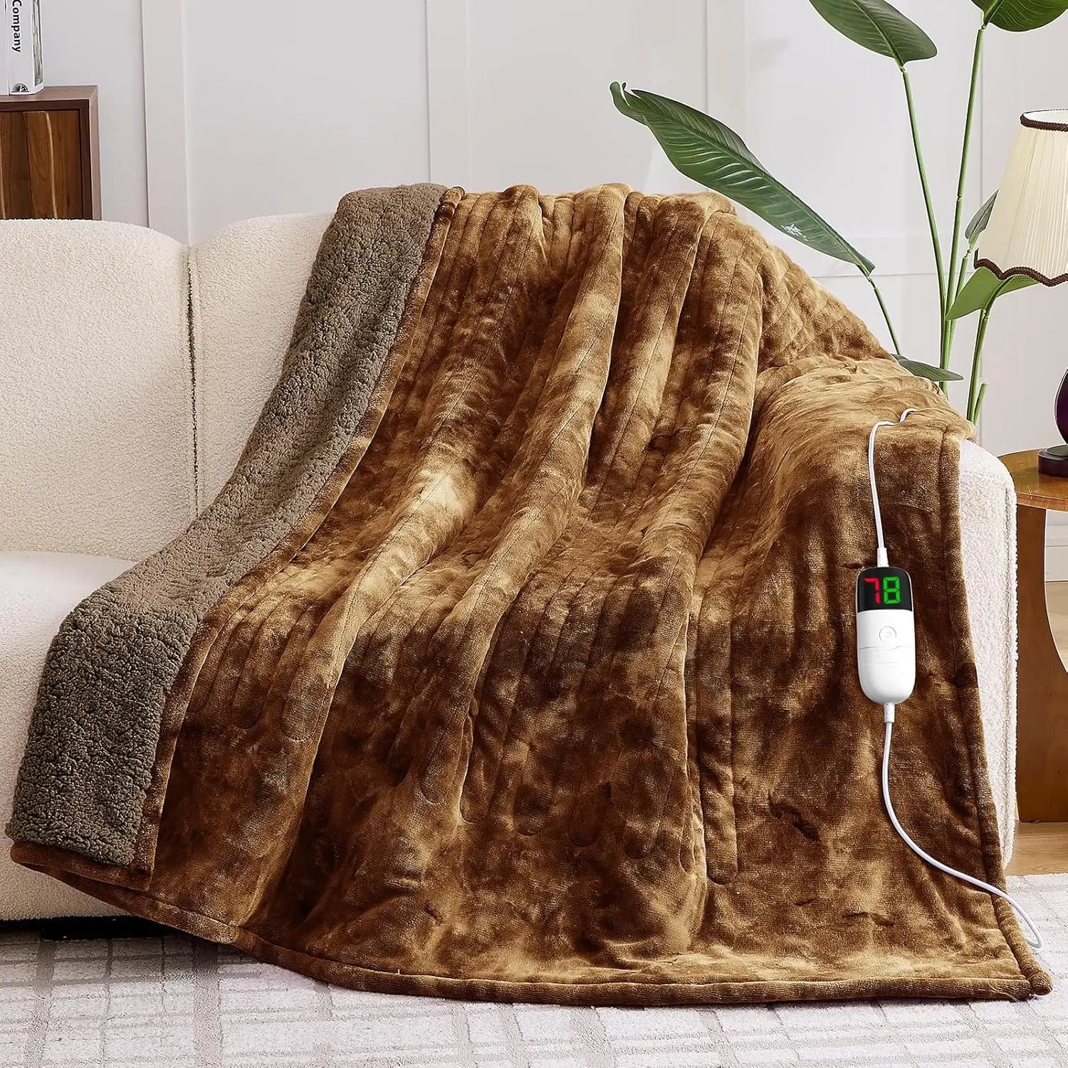 Coperta Elettrica Riscaldata in Finta Pelliccia Sherpa per Divano e Letto, 5 Posizioni con Timer e 10 Livelli di Riscaldamento, Regalo Invernale Caldo Marrone