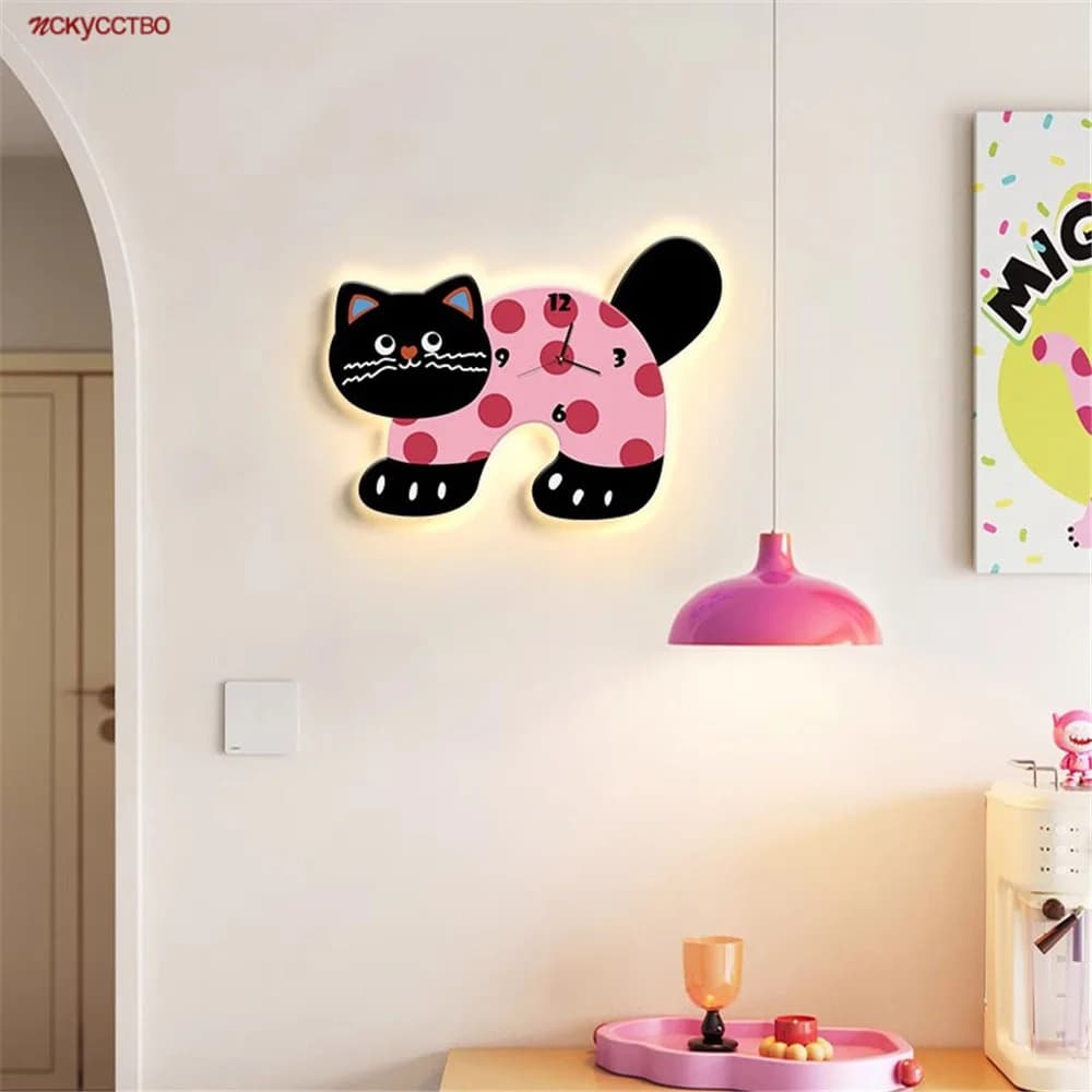 Creative UV cutter cute cat mural watch LED wall lamp bedroom for kids studio interior furniture battery remote night light