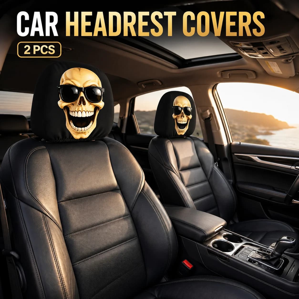 2Pcs Golden Skeleton Sunglasses Car Headrest Covers, 2D Printed, Soft and Highly Elastic, Fits Most Car Models