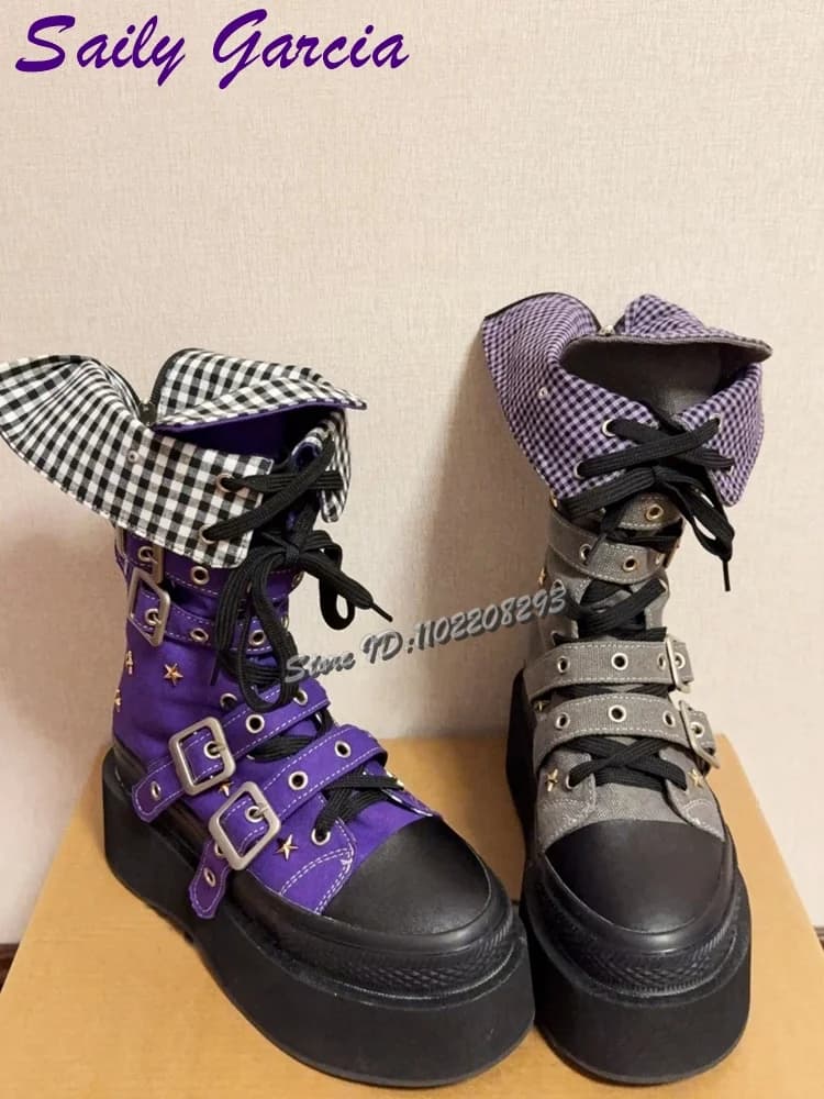 Mix-colors Canvas Lace-up Mid-calf Boots Rivet Five-pointed Star thick-soled Belt Buckle Straps Boots 2025 Autumn Women Shoes