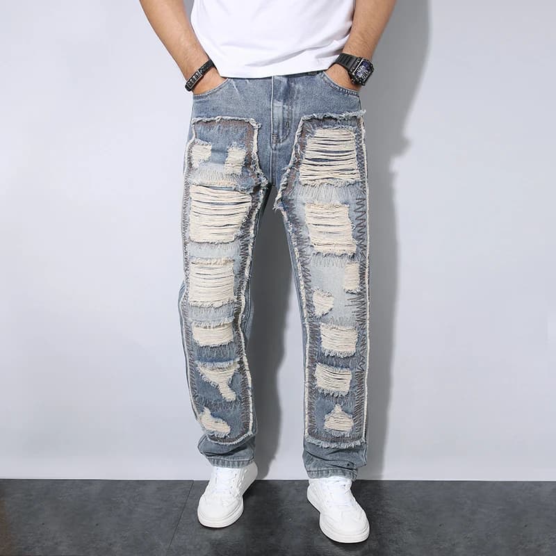 2026 Street wear HIP Hop Y2K Hole Denim New Autumn Men's Ripped Jeans Straight Loose Casual Patch Trendy Fashion Pants