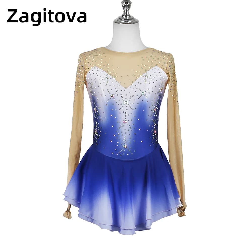 Zagitova Abito da pattinaggio di figura Gonna da pattinaggio su ghiaccio per ragazze da donna Concorso per prestazioni Gonna in rete sfumata blu