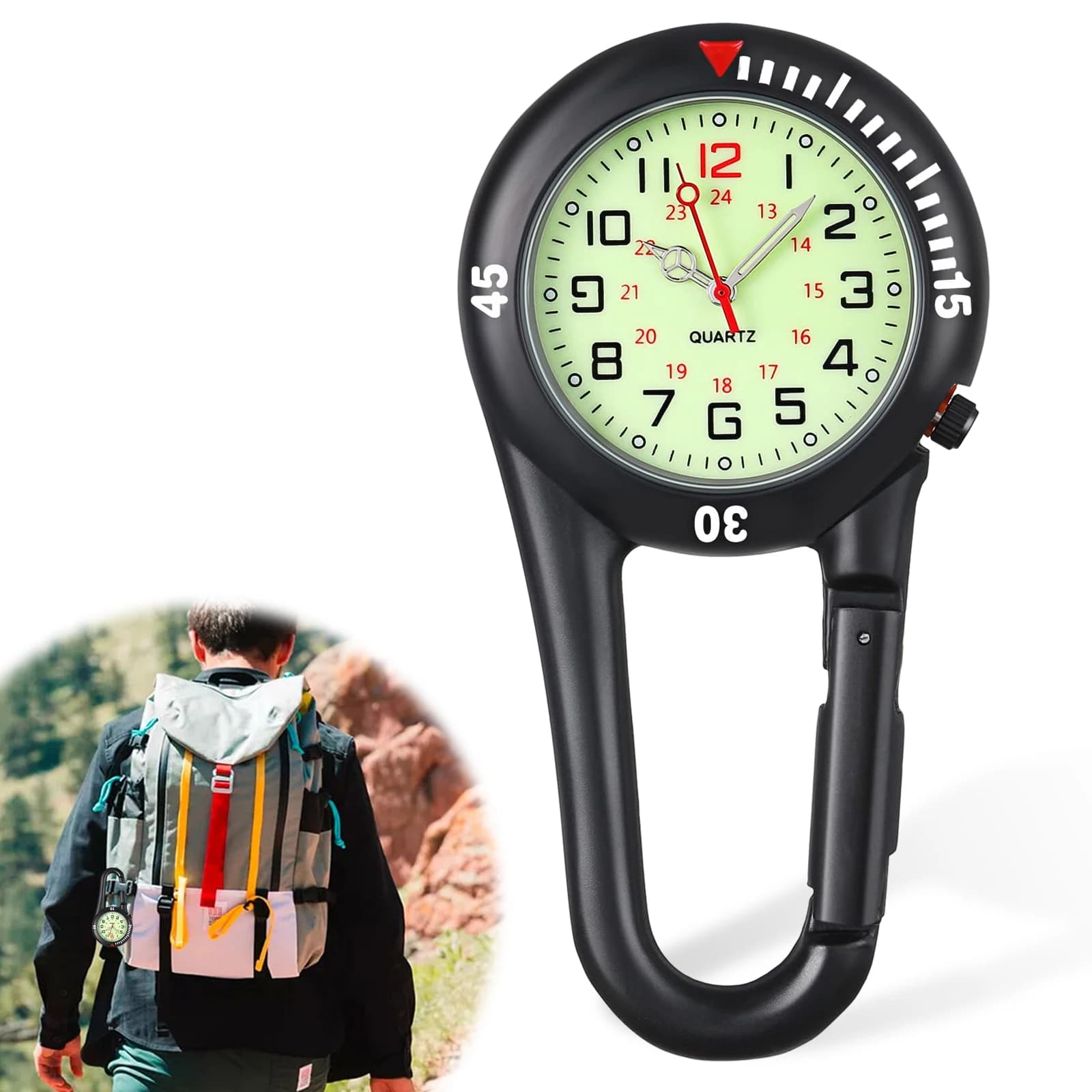 Orologio da Tasca Sportivo Luminoso con Quadrante a Numeri Arabi, Clip da Cintura, Moschettone Portatile, per Infermieri, da Appendere allo Zaino, per Alpinismo