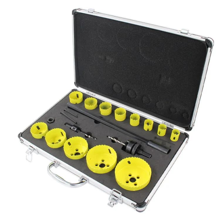 Set of 19 pcs. of bimetallic cup cutters with spindle and pilot tip for metal, carpenters and hydraulics
