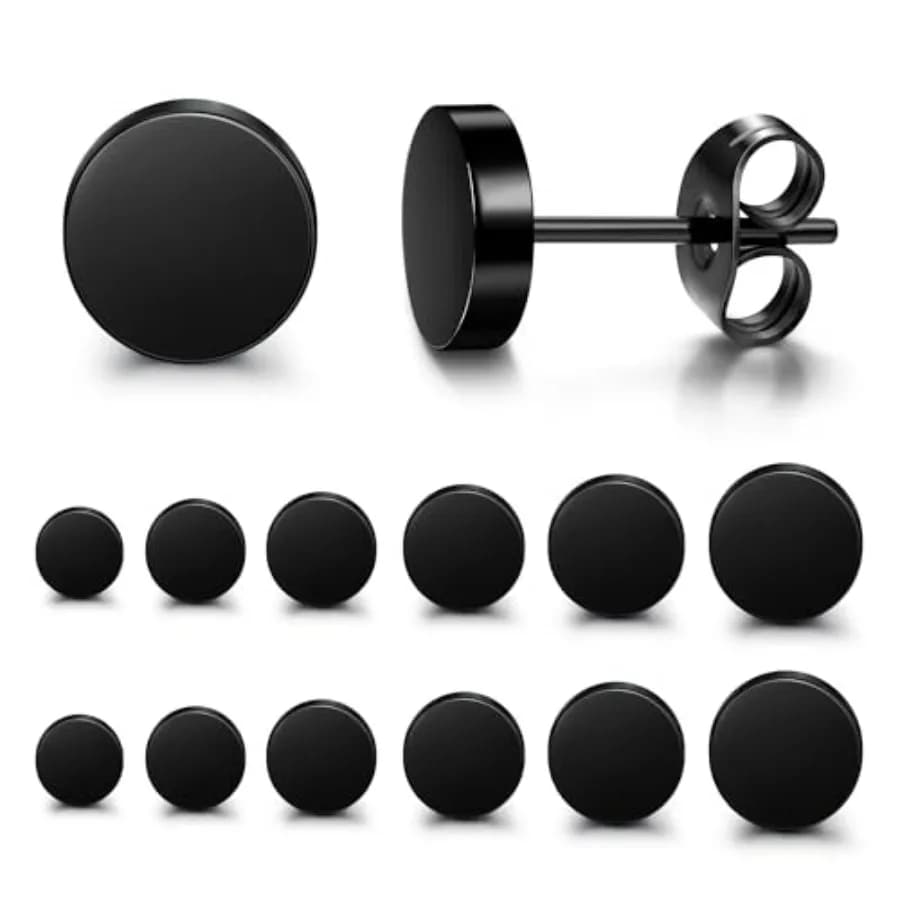 Black Stud Earrings for Men Women Stainless Steel Mens Earrings Hypoallergenic Round CZ Square Black Earring Studs Set 6 Pairs
