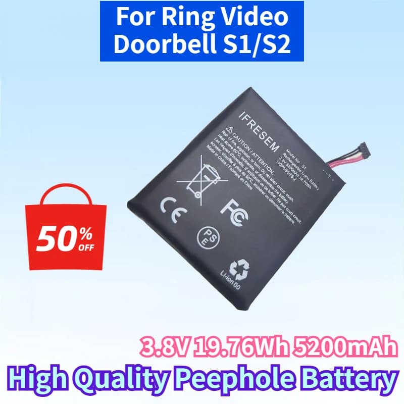 Newest 3.8V 19.76Wh 5200mAh Rechargeable Battery for Ring Video Doorbell S1/S2 Electronic Doorbell High Quality Peephole Battery