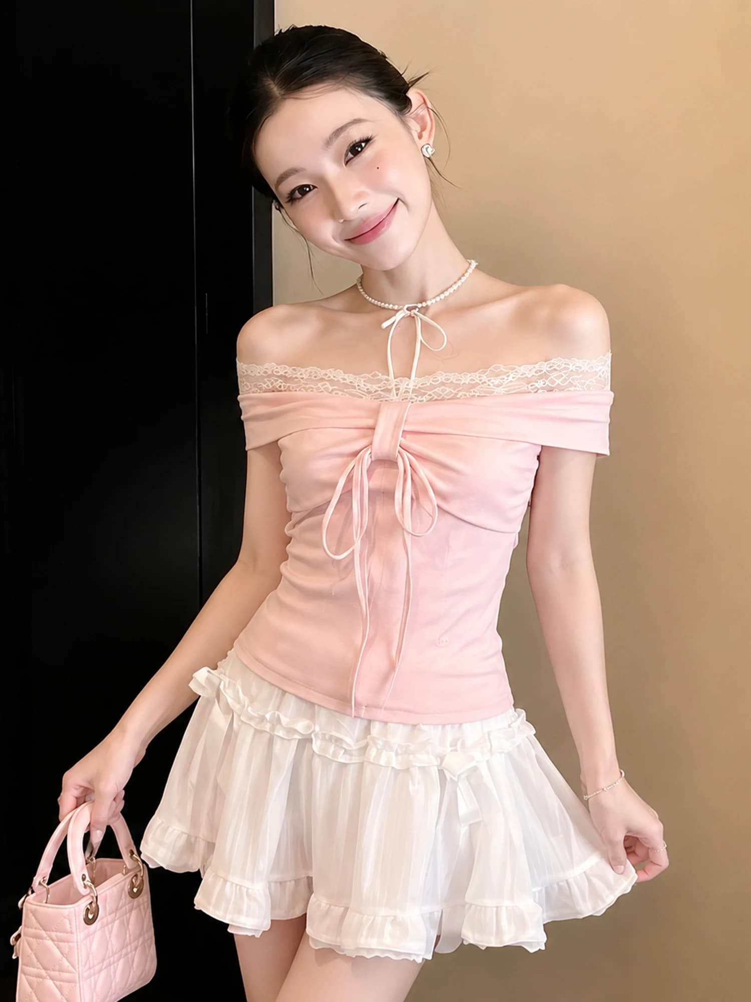 Sweet Style Pink Lace Trim Short Sleeve T-Shirt Women's Summer Design Slimming Belted One Shoulder Top Korean Style Breathable