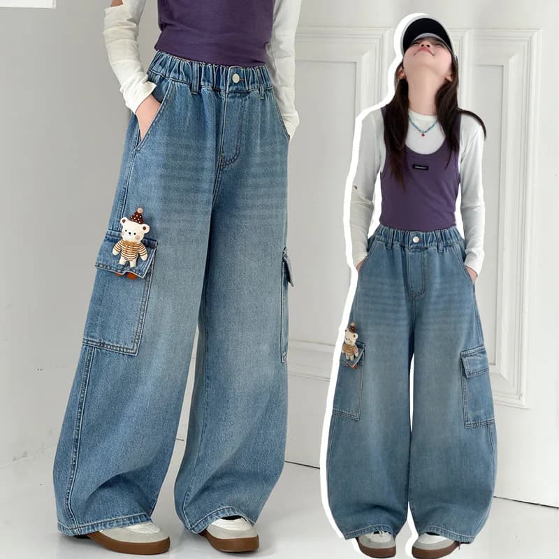 Jeans Cargo Cartoon Primaverili e Autunnali per Ragazze, Pantaloni Larghi Casual con Elastico in Vita per Adolescenti, Pantaloni Streetwear per Bambini