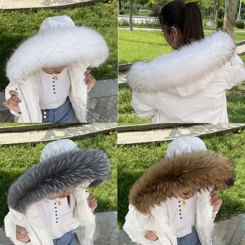 Raccoon Fur Collar Women Winter Luxury Warm Scarf Fashion Detachable Fur Shawl Large Fur Collar For Ladies Coat Black Fur Scarf