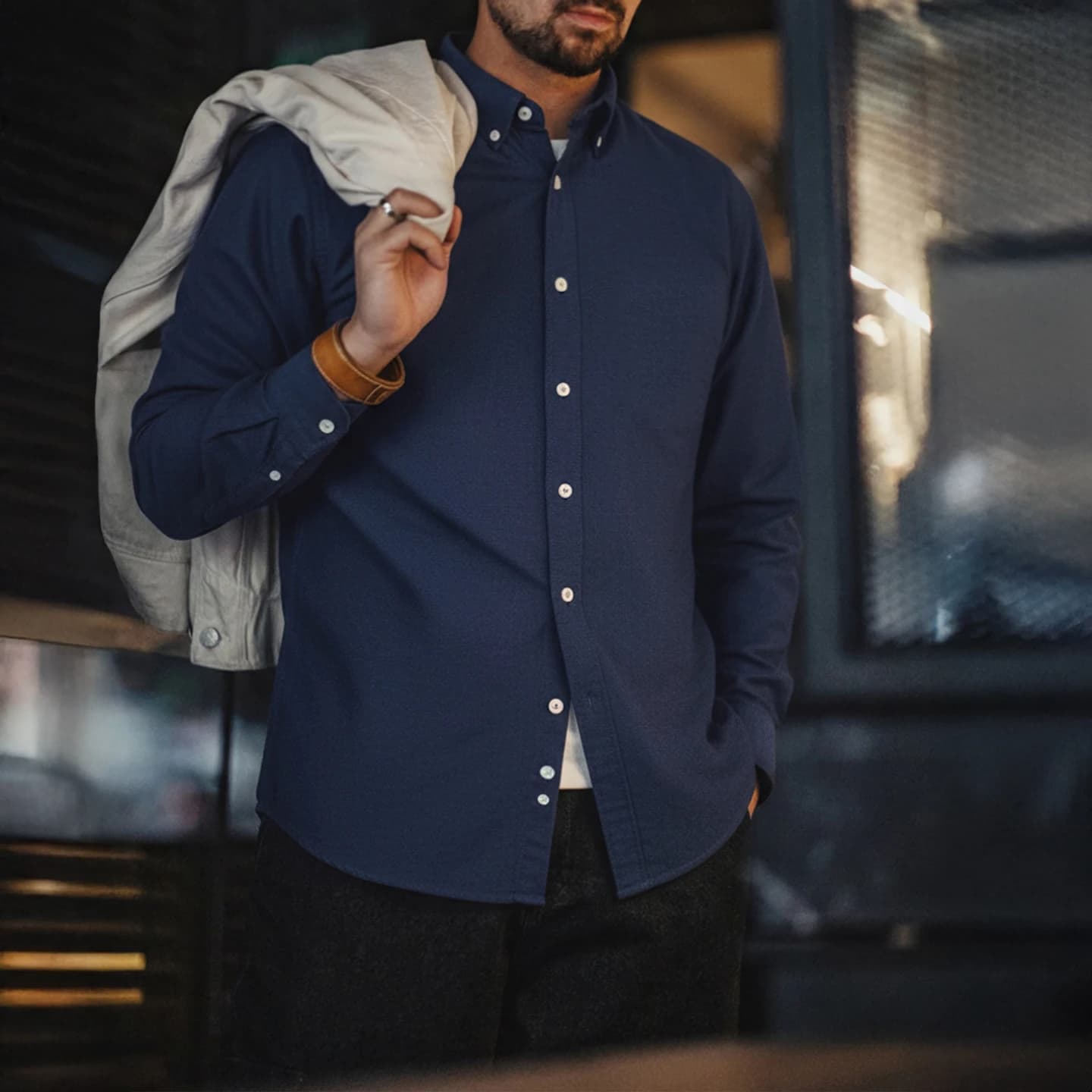 Maden Camicia Oxford vintage Camicia a maniche lunghe in cotone spazzolato da uomo Camicetta monopetto Top a strati tinta unita per l'autunno