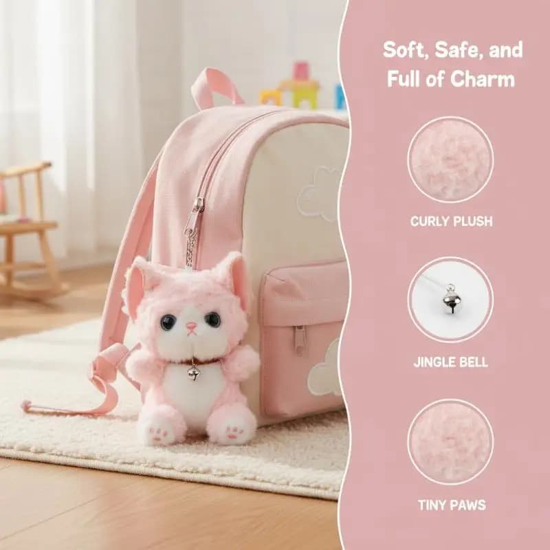 Cute Bell Cat Plush Keychain Kawaii Curly Hair Kitten Stuffed Doll Bag Hanging Pendant Realistic Cat Plush Toys Holiday Gifts