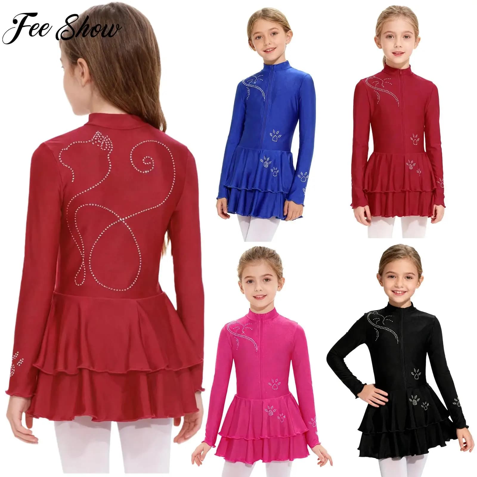 Costume da ballo per pattinaggio su ghiaccio per bambine, abbigliamento da ballo moderno lirico, manica lunga, zip frontale, strass lucidi, body