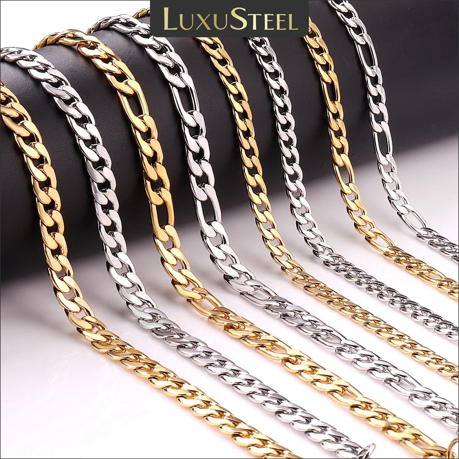 LUXUSTEEL Collana a catena in acciaio inossidabile punk di base per donna Uomo Girocollo a maglie di grano intrecciato Figaro cubano 5MM / 7MM all'ingrosso