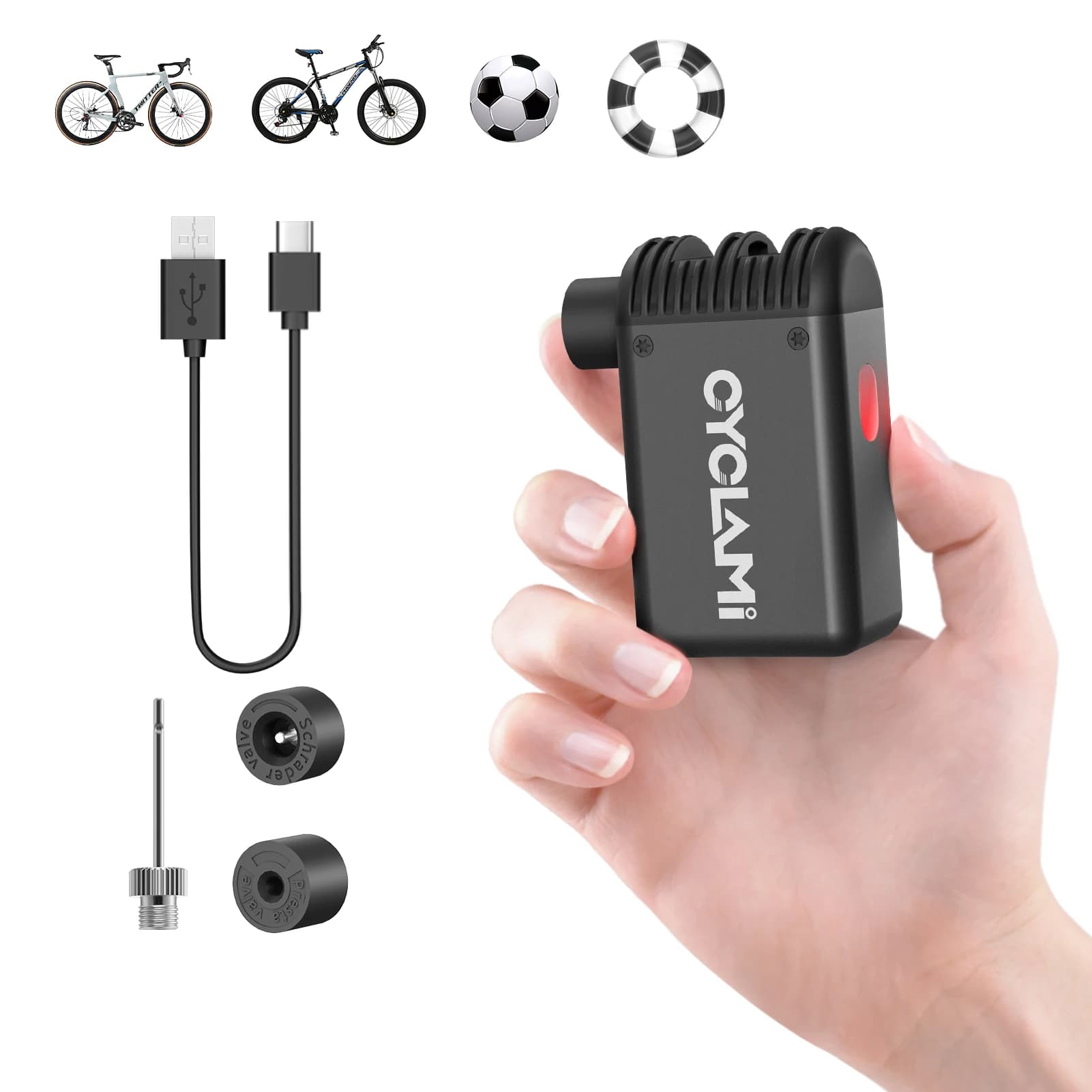 CYCLAMI Mini Plus Pompa portatile per gonfiatore d'aria senza fili per bicicletta Valvola Presta Schrader Accessori per bici MTB da esterno