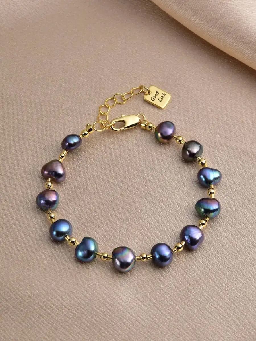 Bracciale di perle naturali con chiusura placcata oro per donna, idea regalo