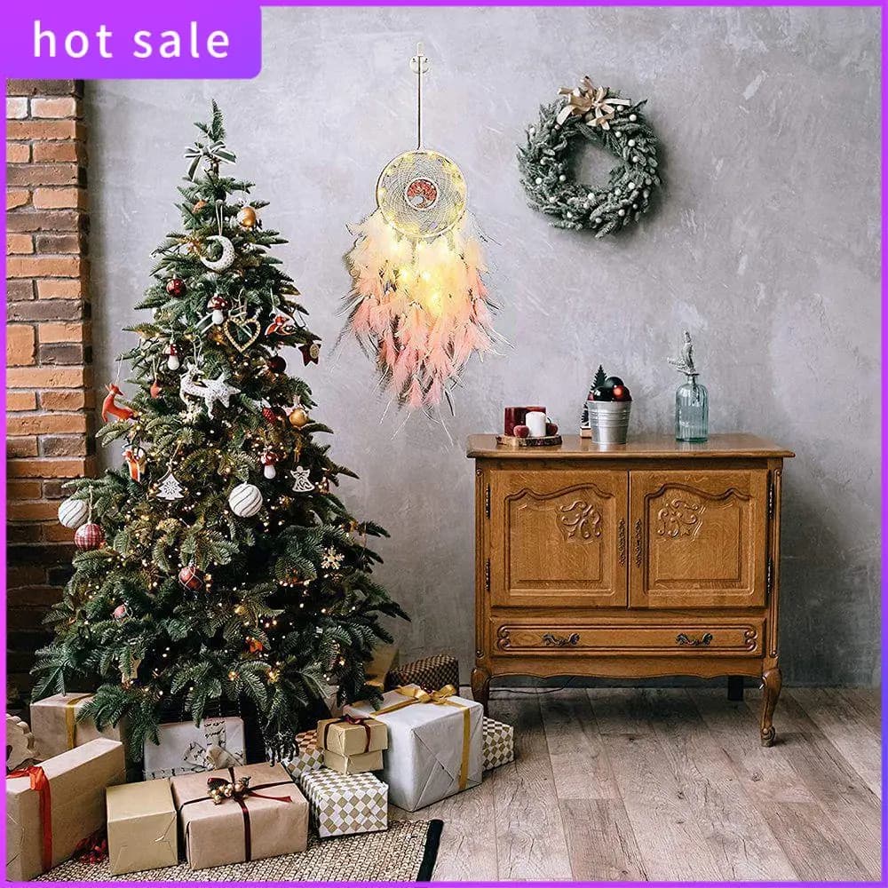 LICG-Dream Catcher Hanging Ornament Decor Handmade LED Lights Pink Feather Healing Crystals Dreamcatchers For Home Wall Decor