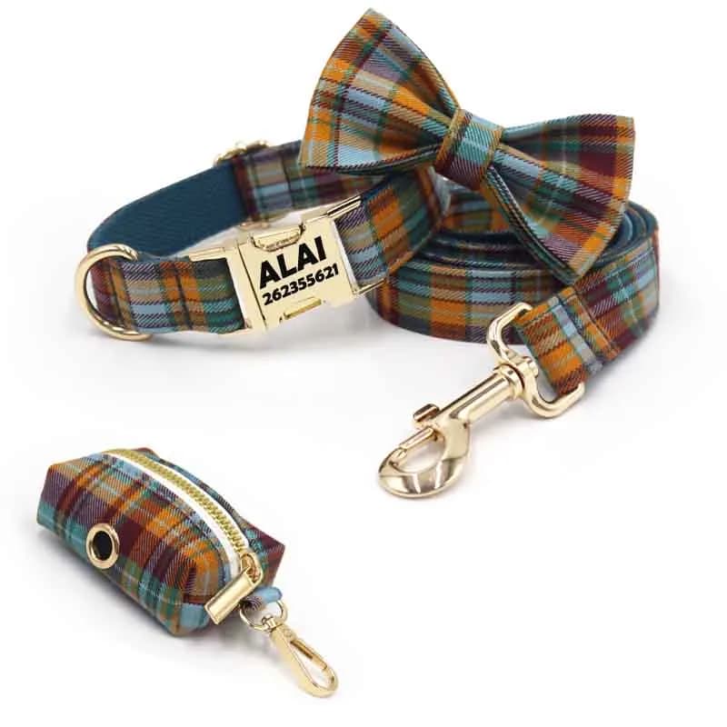 Personalized Dog Collar Name Number Puppy Adjustable Plaid Collar for Small Medium Big Dogs Collars Customized ID Tag Engraving