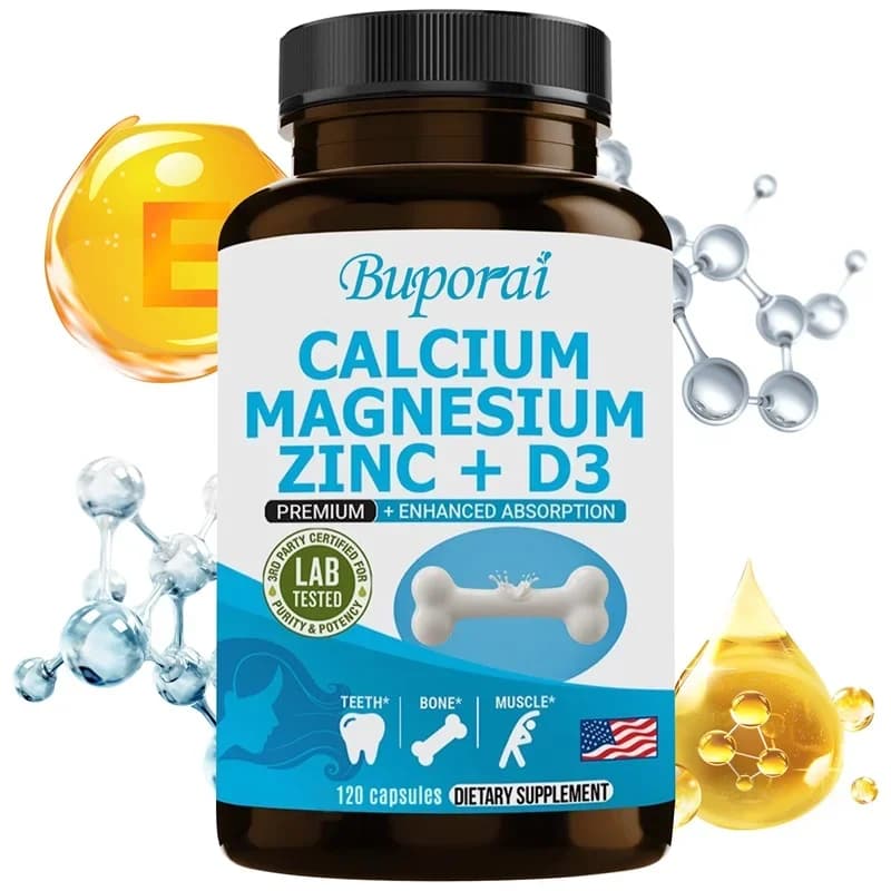 Calcium supplement, magnesium, zinc, vitamin D3, bones, teeth, muscles, nerves, metabolism, protein synthesis, immune system
