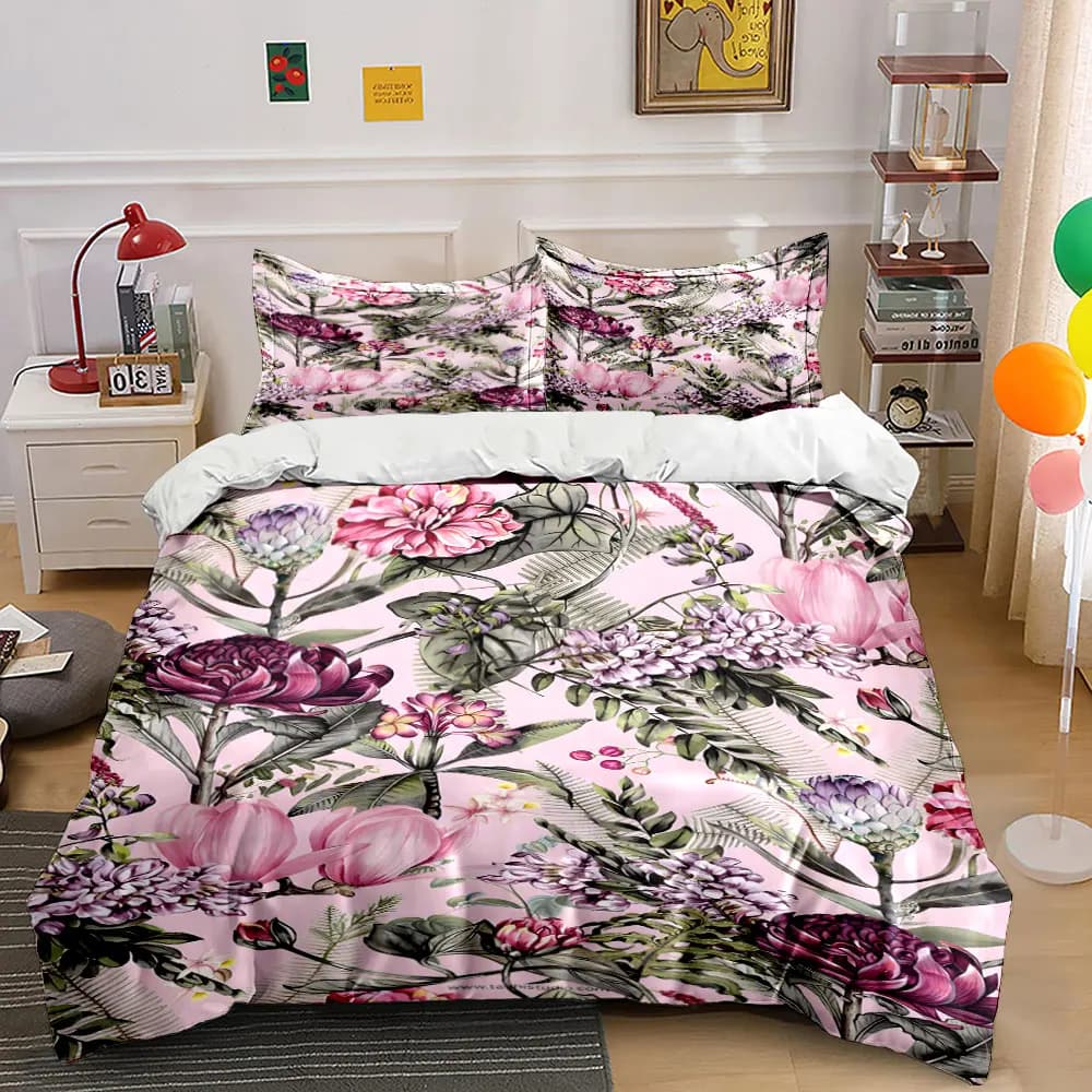 Exquisite pink floral pattern Print Bedding Set 1 Duvet Cover 2 Pillowcases for Adult and Children Luxury Gift Full Size