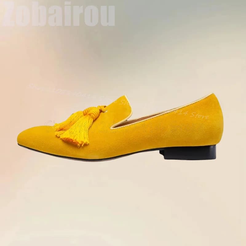 Yellow Tassels Decor Suede Low Top Men Loafers Fashion Slip On Men Shoes Luxury Handmade Party Banquet Office Men Casual Shoes