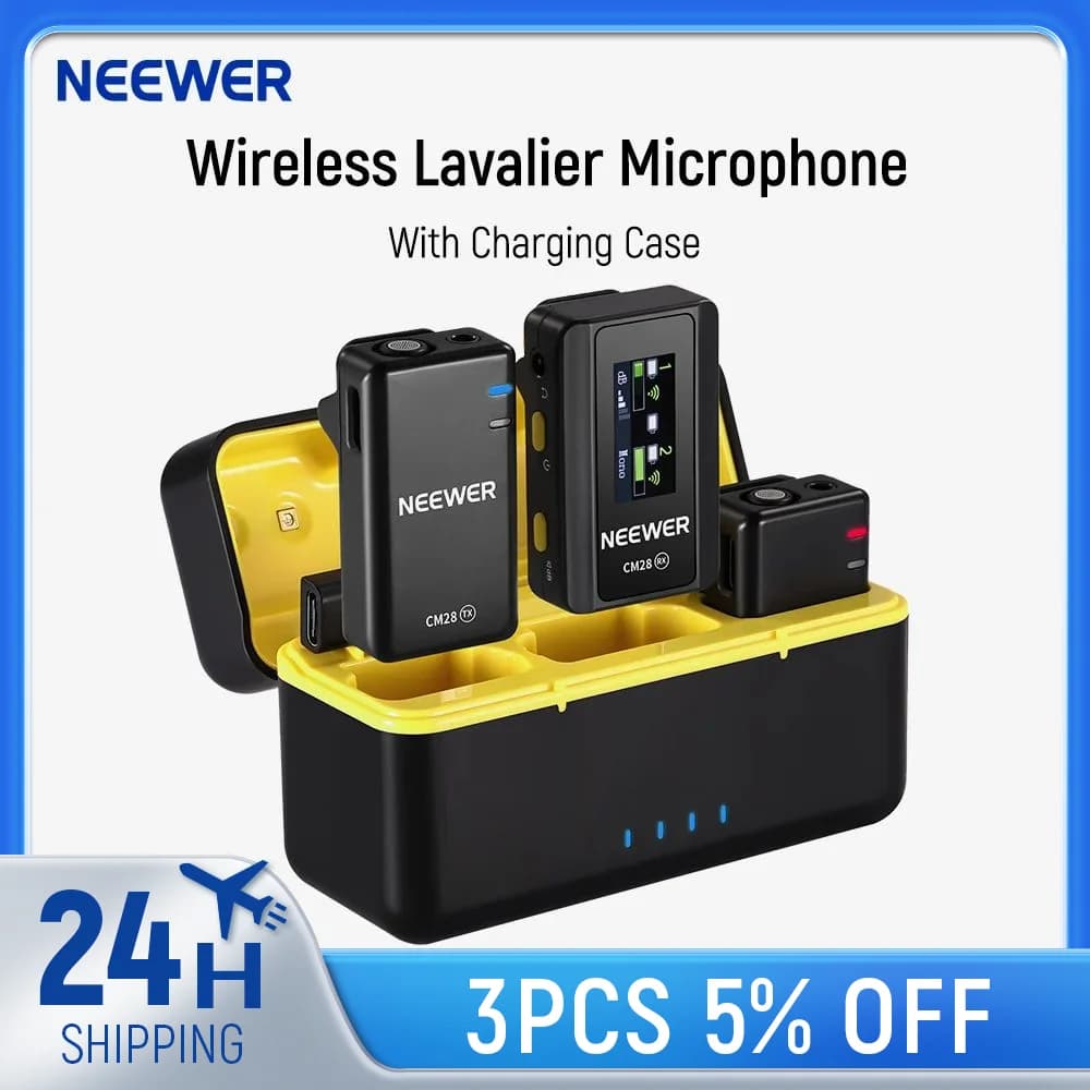 NEEWER CM28 Microfono lavalier wireless con custodia di ricarica 1 clic con cancellazione del rumore Microfono audio da bavero per iPhone/Android/PC/fotocamera