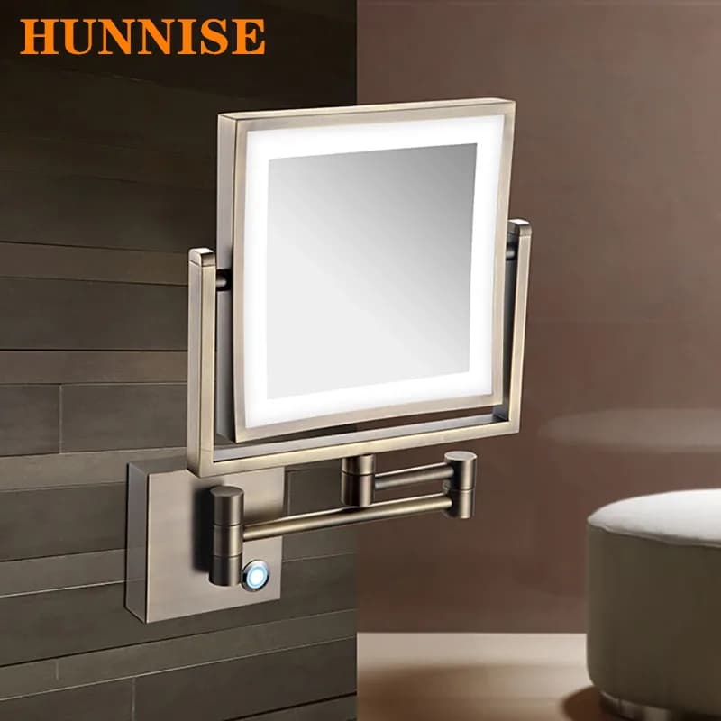 Specchio da bagno ingranditore qualità Hunnise ottone oro Home Hotel bagno specchi per trucco specchi per trucco pieghevoli a parete a LED