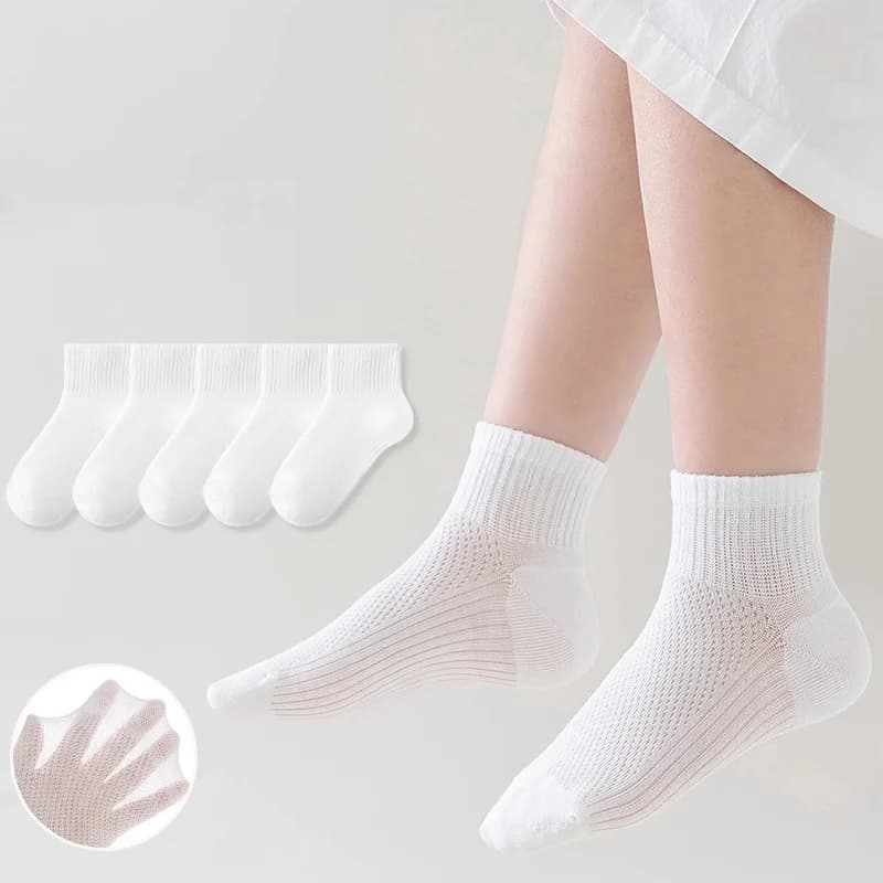 5Pairs/lot White Children's Socks Summer Thin Mesh Student Sport Sock Soft Kids Running Midtube Socks For Boys Girls 2-12Years