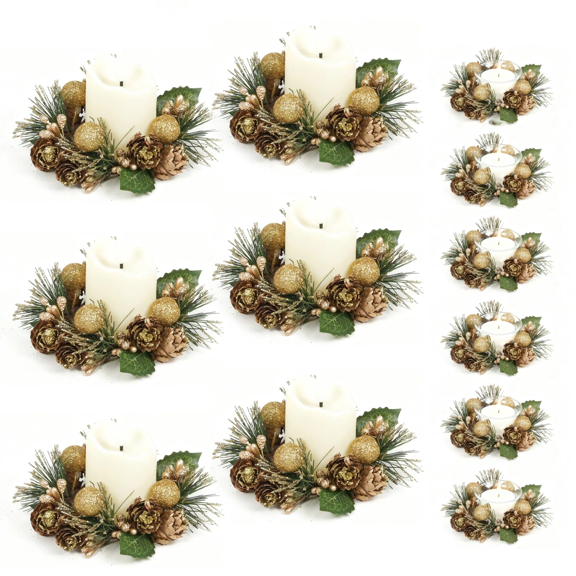 Set di 6 Anelli per Candele Natalizie con Bacche Dorate e Pigne, Candele LED in Bicchiere di Vetro per Tavolo, Porta d'Ingresso, Mobile, Finestra