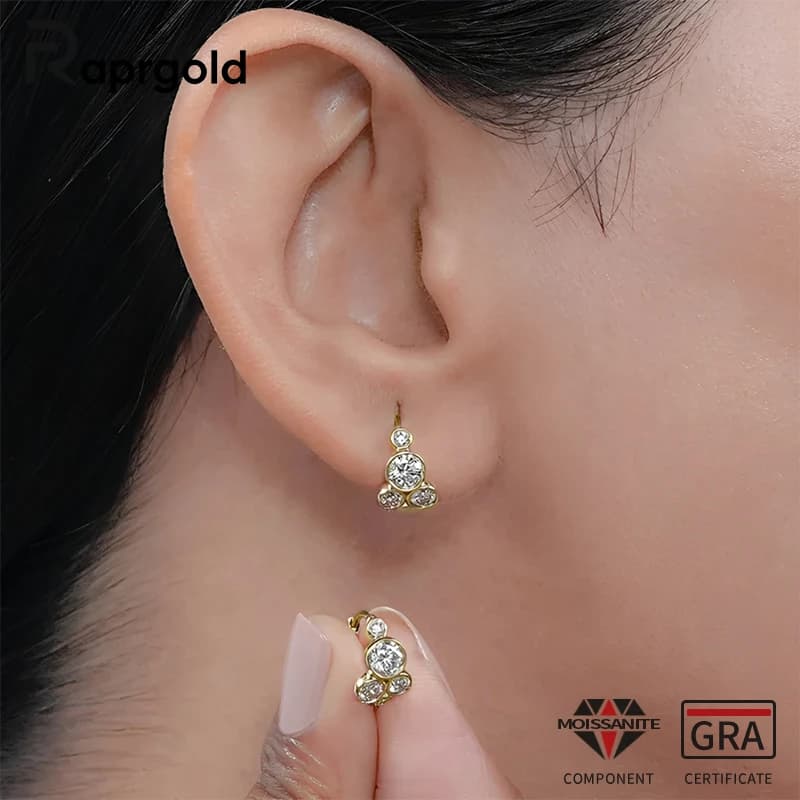 Orecchini a Cerchio Asimmetrici RAPRGOLD con Moissanite Multi-misura per Donne, Placcati in Oro 14K, Gioielli Raffinati con Certificato GRA