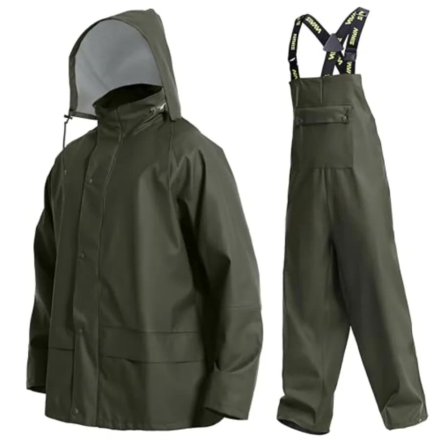 Completo Impermeabile da Lavoro PRO per Uomo in 3 Pezzi, Giacca con Cappuccio e Pantaloni con Pettorina in PU Resistente per Lavoro all'Aperto e Pesca in Mare