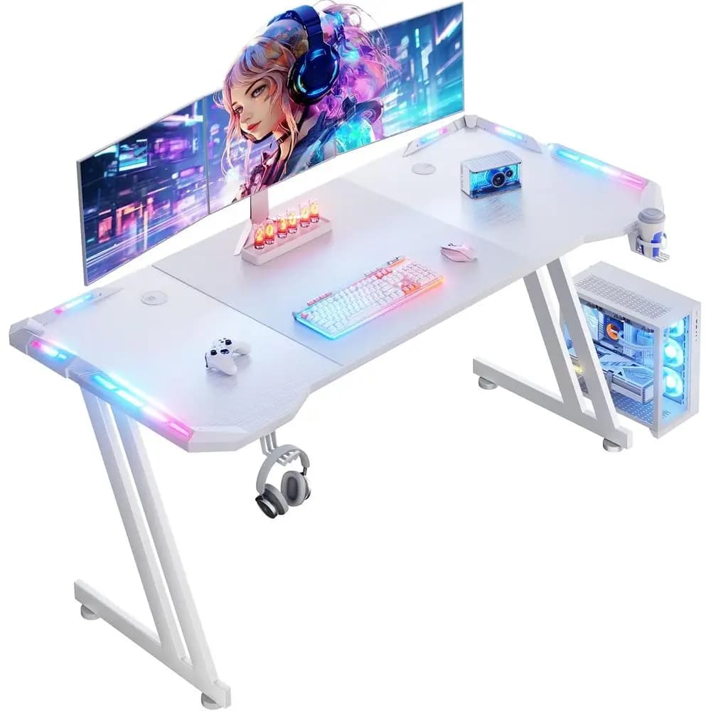 Scrivania da Gaming in Fibra di Carbonio con 63 LED: Ampia Postazione PC Ergonomica a Forma di Z con Portabicchieri e Gancio, Bianca