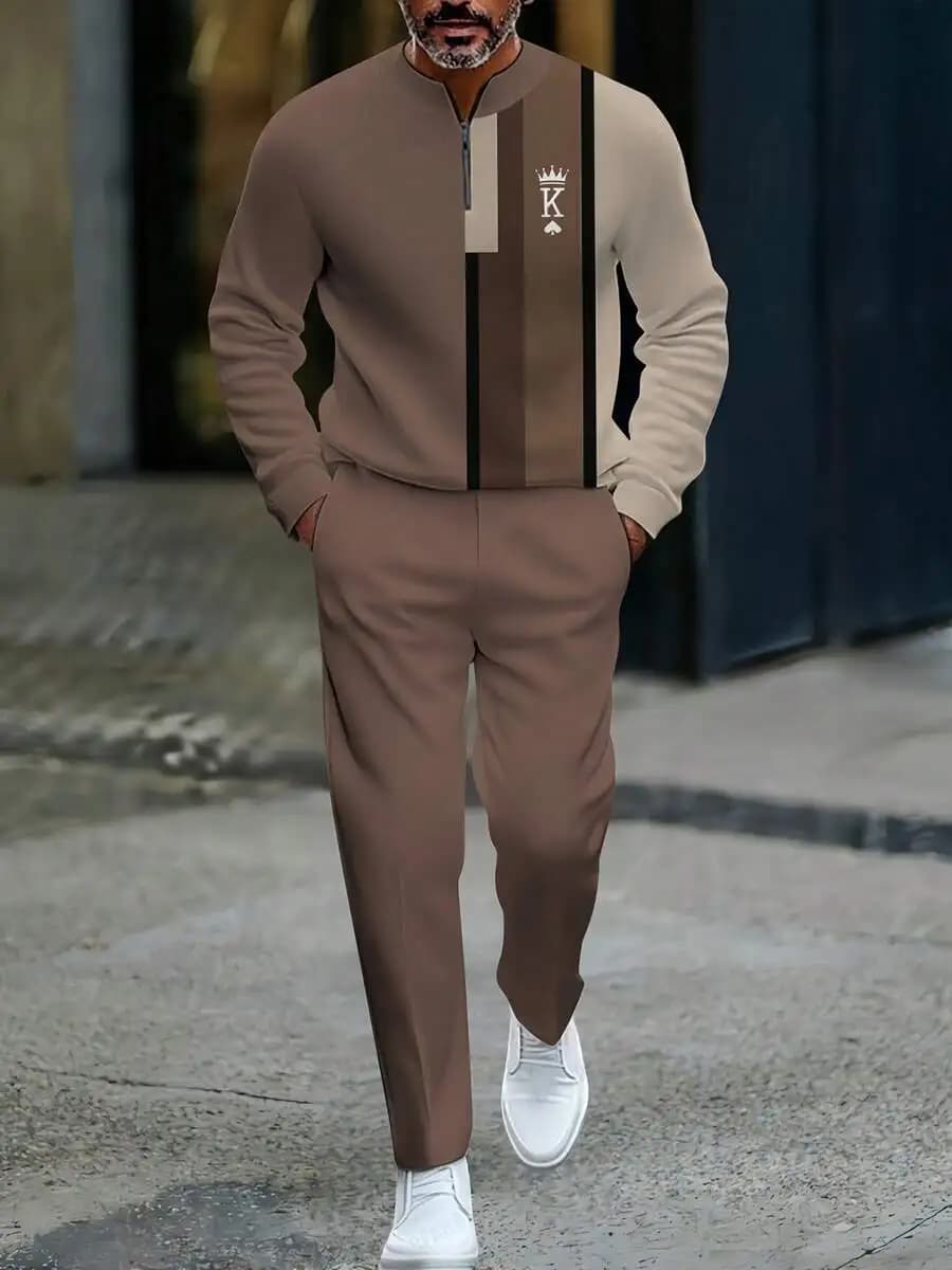 Mens 2-Piece Polyester Sportswear Set With Half Collar And Striped Pattern